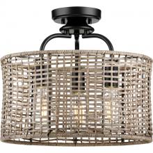  P350183-031 - Lavelle Collection Three-Light Matte Black and Mocha finish Rattan Convertible Semi-Flush Ceiling or