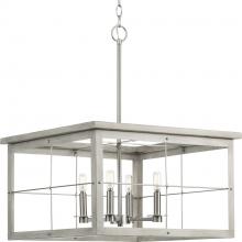  P400253-009 - Hedgerow Collection Four-Light Brushed Nickel and Grey Washed Oak Farmhouse Style Chandelier Light