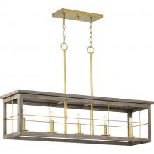  P400254-175 - Hedgerow Collection Five-Light Distressed Brass and Aged Oak Farmhouse Style Linear Island Chandelie