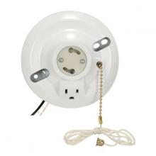  90/2484 - White Phenolic GU24 On-Off Pull Chain Ceiling Receptacle With Grounded Outlet; 6" AWM B/W Leads