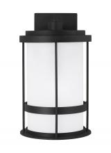  8690901-12 - Wilburn modern 1-light outdoor exterior medium wall lantern sconce in black finish with satin etched