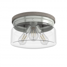  19152 - Hunter Devon Park Brushed Nickel and Grey Wood with Clear Glass 3 Light Flush Mount Ceiling Light Fi